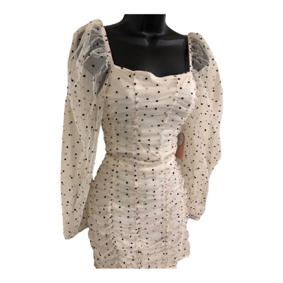 Cream 2pc polka dot chiffon tulle tufted sheer sleeve blouse &‎ skirt set size L - Picture 16 of 17